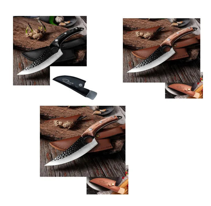 Curved boning butcher knife with hammer-pattern blade and brown leather sheath on a cutting board.
