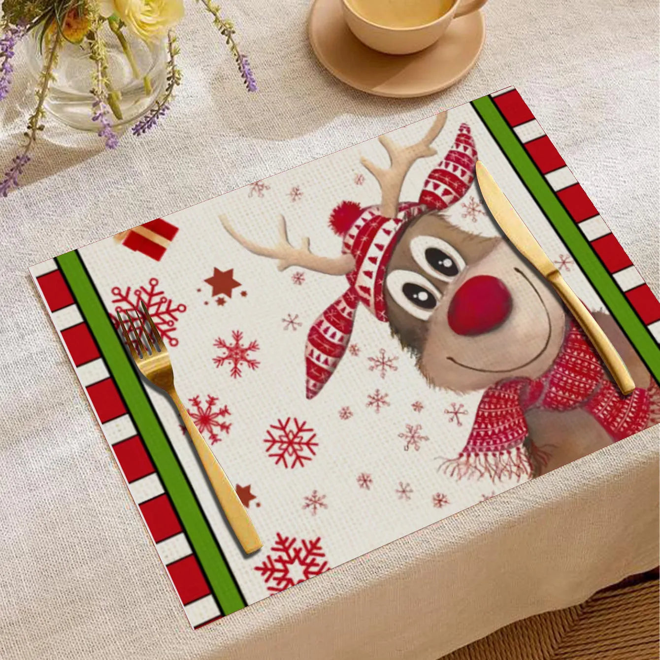 Christmas cartoon elk print square placemat in linen, 33x45cm, multiple colours available