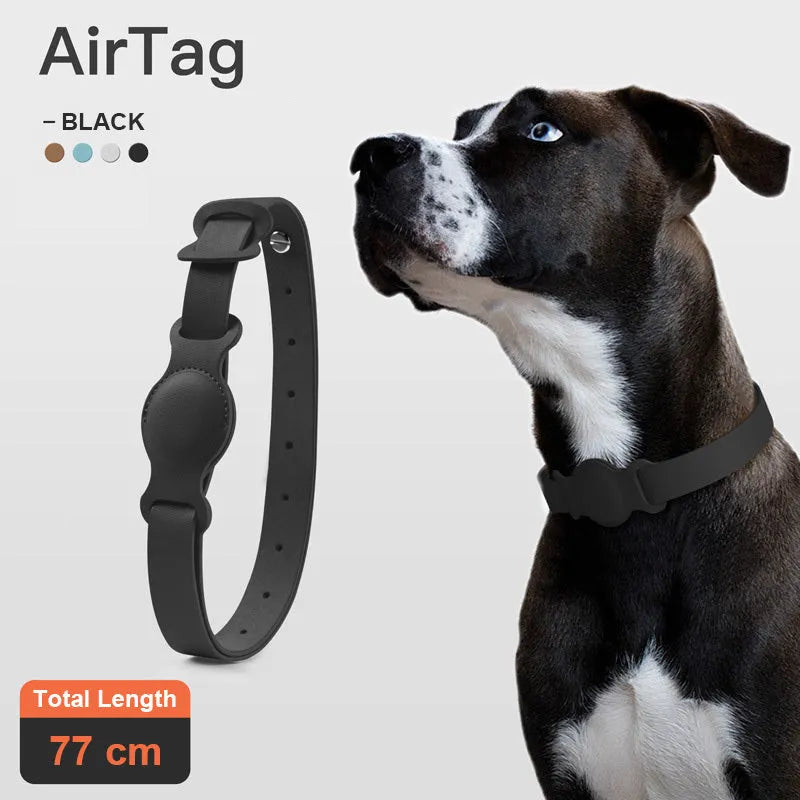 Leather pet collar AirTag holder in misty blue, adjustable 40cm, with silicone lining for anti-scratch protection