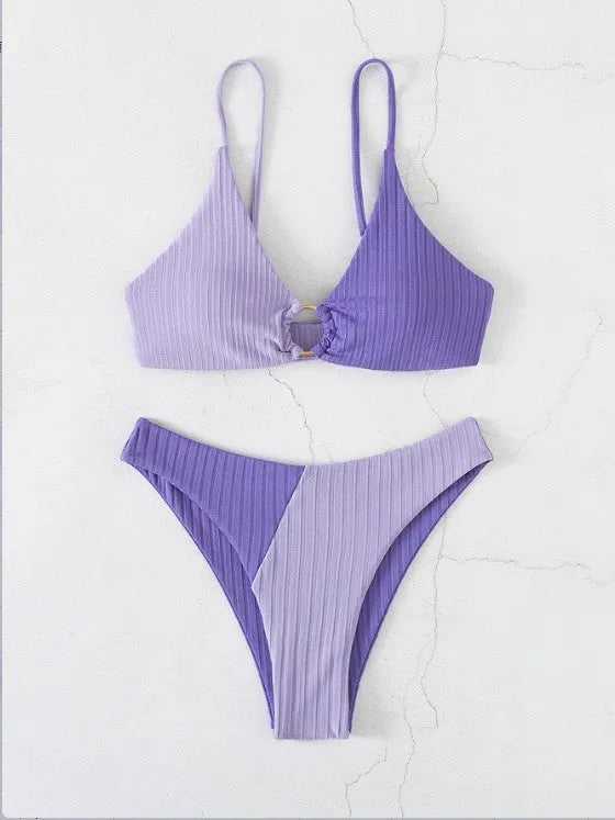 Solid colour stitching bikini set for women in lake blue with sleeveless top and brief bottom, polyester fabric
