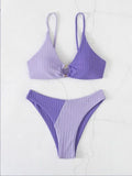 Solid colour stitching bikini set for women in lake blue with sleeveless top and brief bottom, polyester fabric