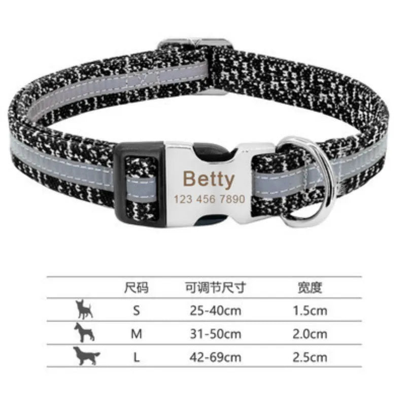 Dog collar shown in black, green, and rose red, labelled with Small, Medium, and Large size tags.