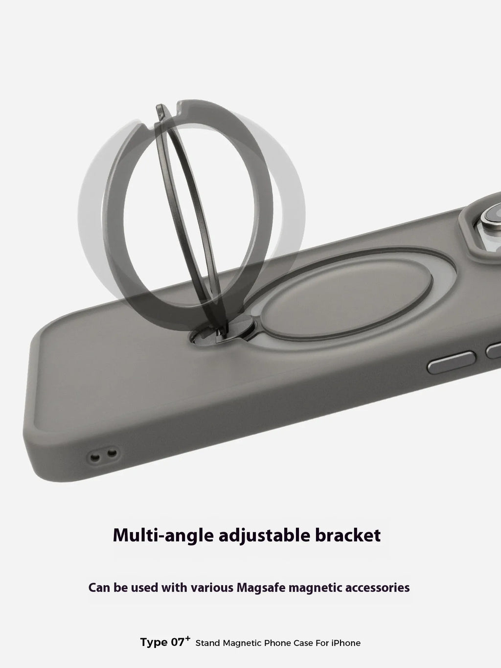 Magnetic rotating fulcrum phone case for Apple iPhone with 360-degree bracket in titanium grey on white background