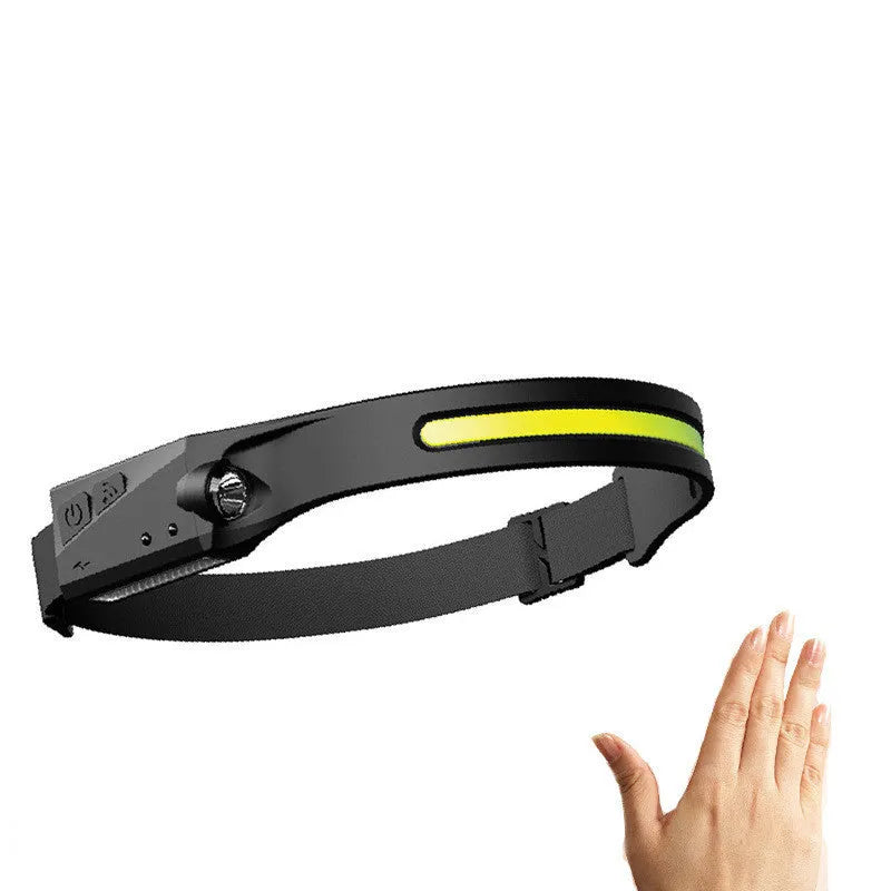 Black silicone USB rechargeable LED headlamp with side wave sensor, showing wide beam and long-range lighting.