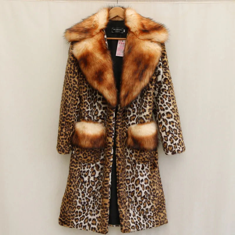 Women's long leopard print artificial fur jacket with regular sleeves on a hanger.