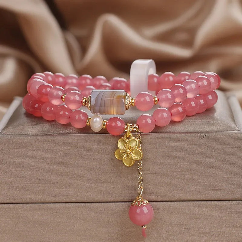 Natural pink chalcedony agate beaded bracelet with auspicious pattern for women
