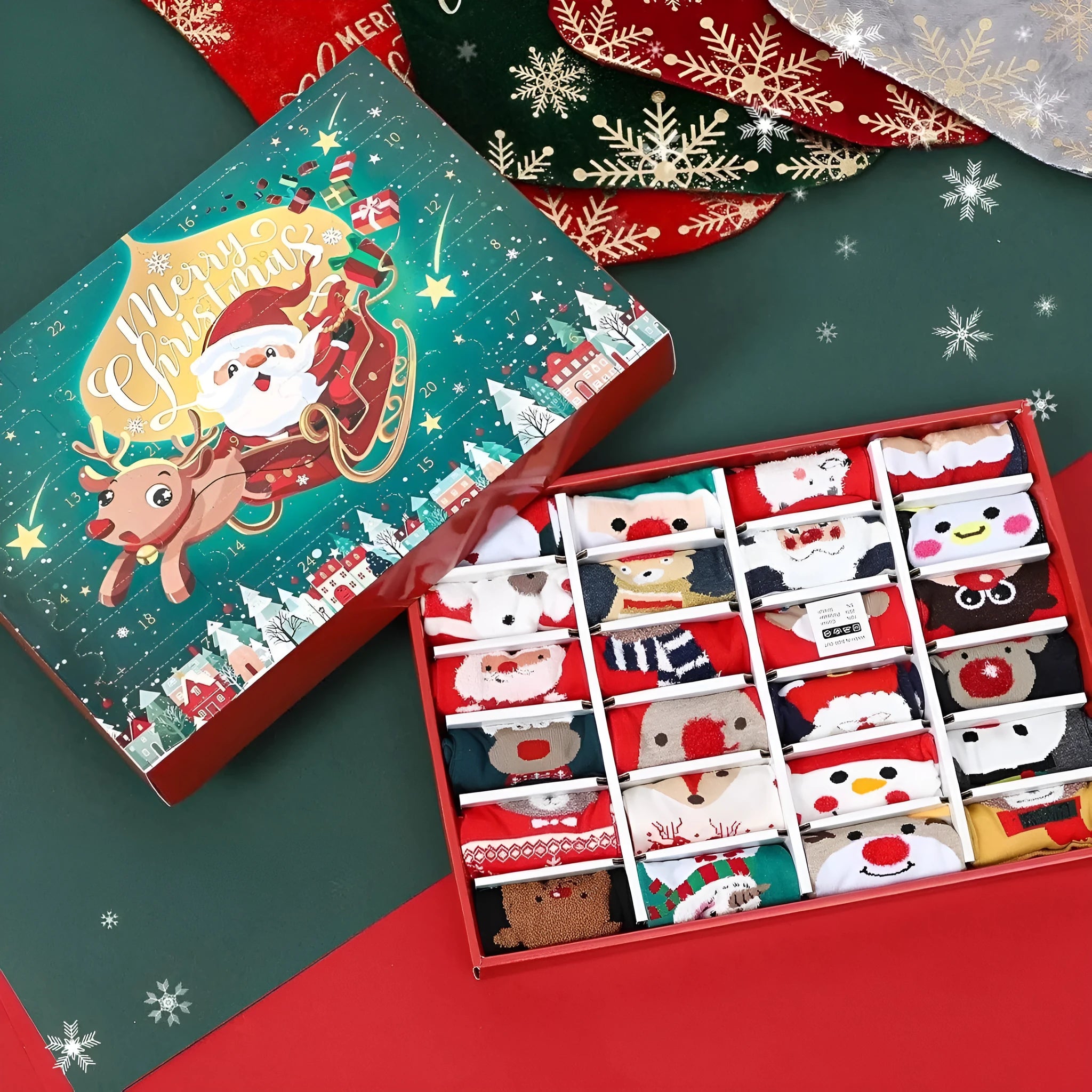 Seven different Christmas stocking blind boxes with colourful resin decorations for holiday displays