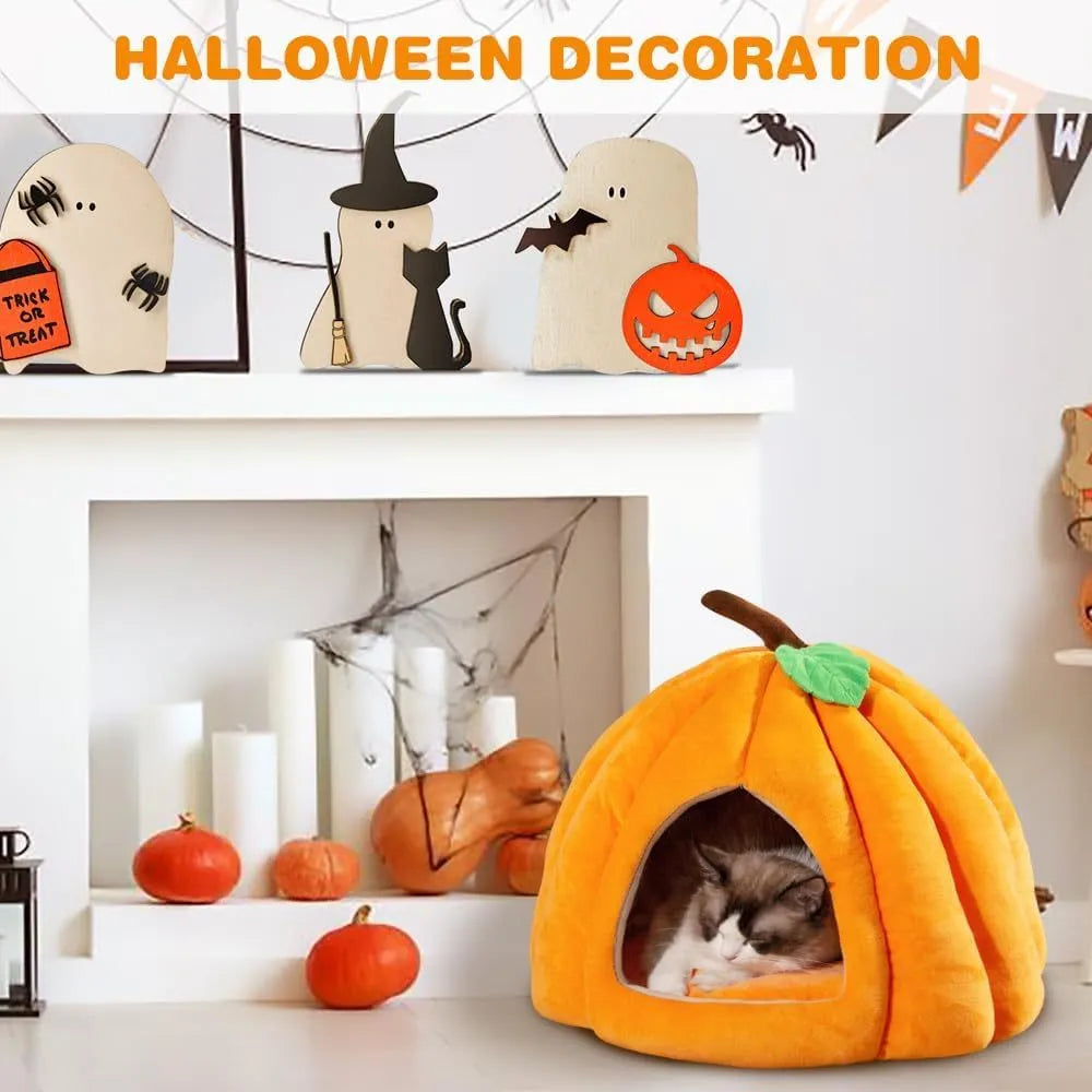 Pumpkin-shaped semi-enclosed cat bed in blue, grey, or yellow with a removable interior mat.