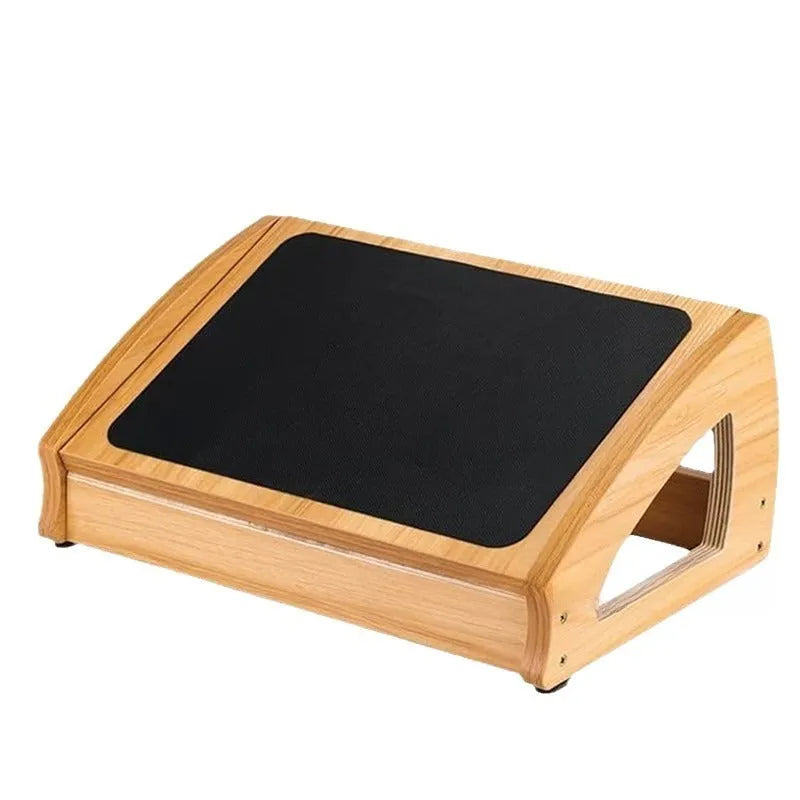 Wooden adjustable bamboo desk footstool in natural wood colour for adult office use