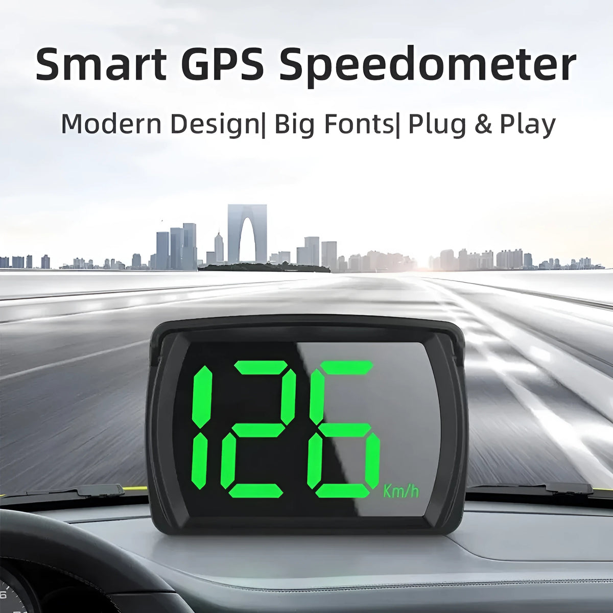 Universal HUD head-up display car speedometer with USB cable, non-slip mat, and ABS housing in white and green colour options
