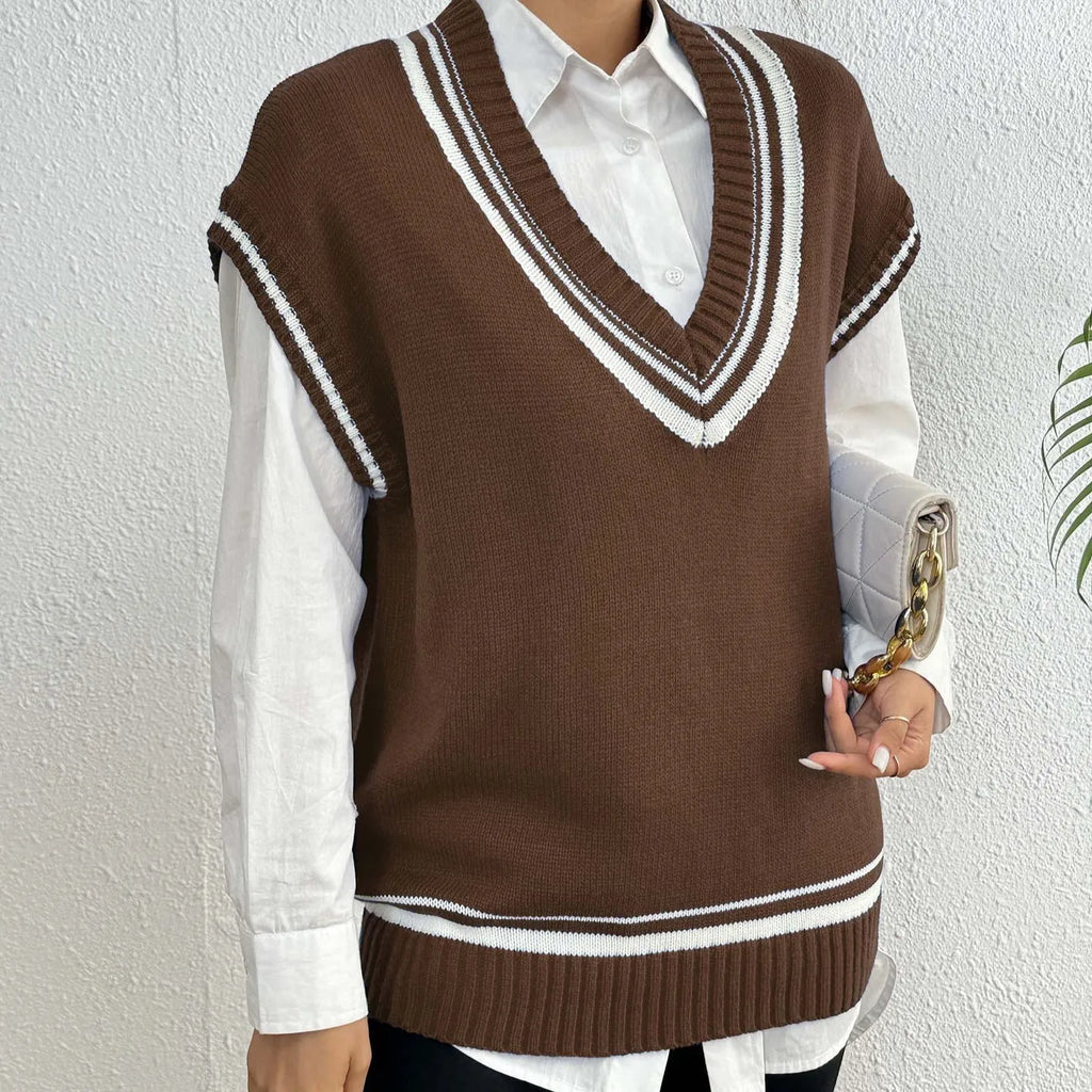 Women's loose fit college style wool vest sweater in black, blue, and coffee colour options