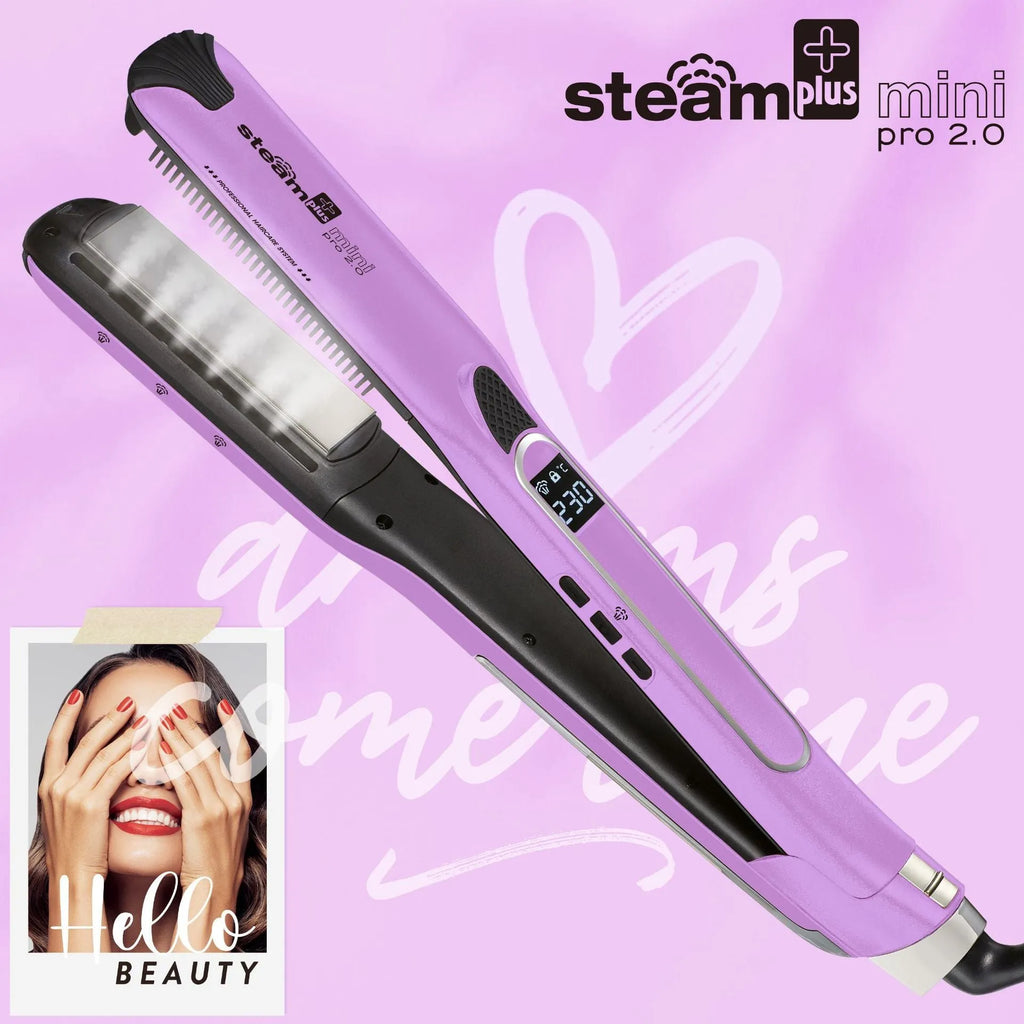 Mini steam hair straightener in champagne colour with styling plates visible