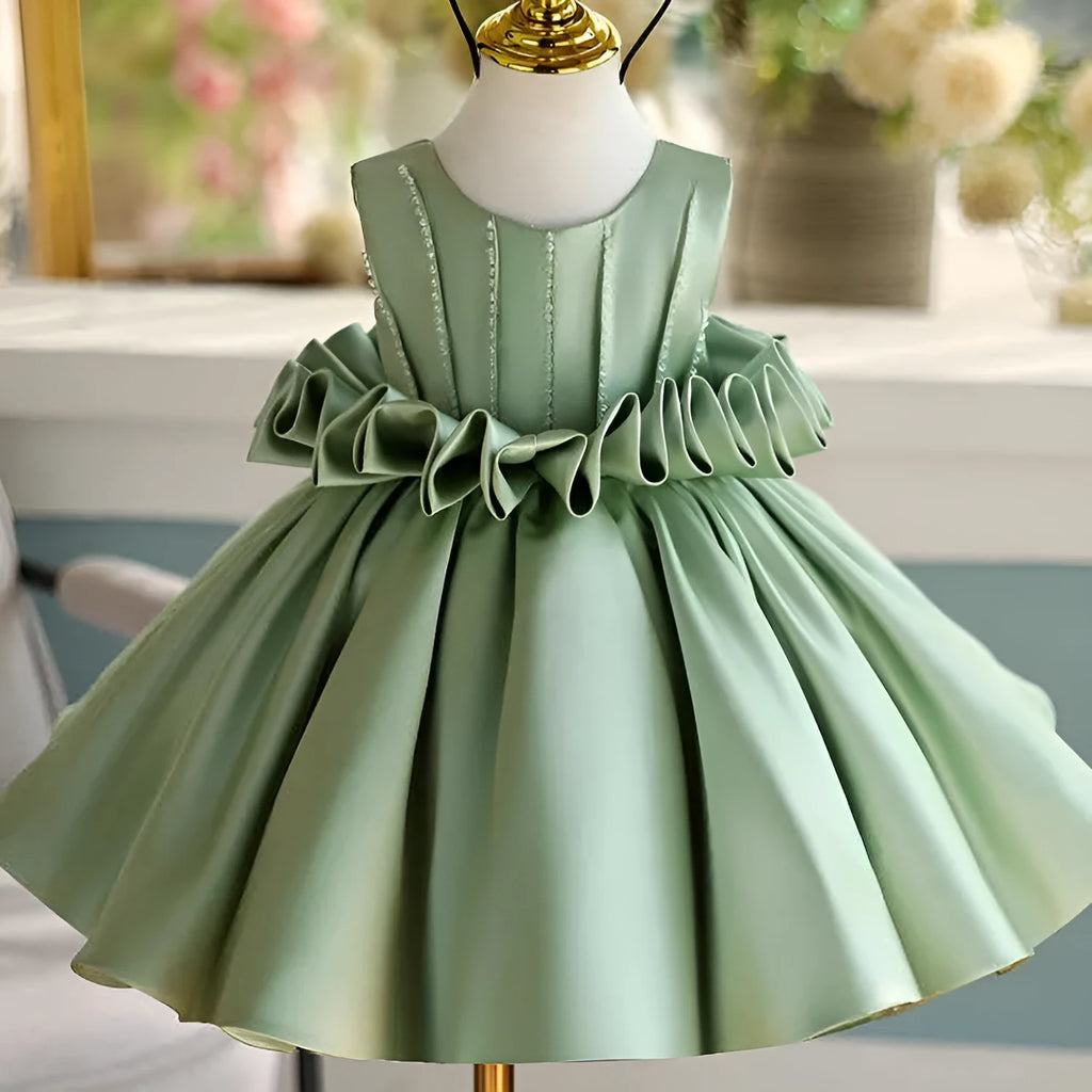Girls' fruit green satin sleeveless slim-fit party dress on white background, multiple height options