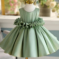 Girls' fruit green satin sleeveless slim-fit party dress on white background, multiple height options