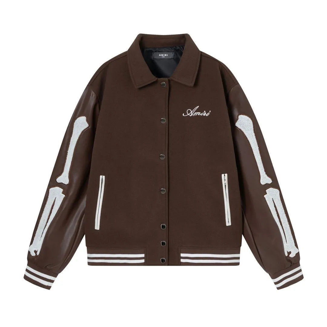 Apricot and brown embroidered bone pattern wool jacket for autumn and winter.