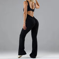 Tight yoga bodysuit hollow seamless milk silk jumpsuit with chest pad in black front view
