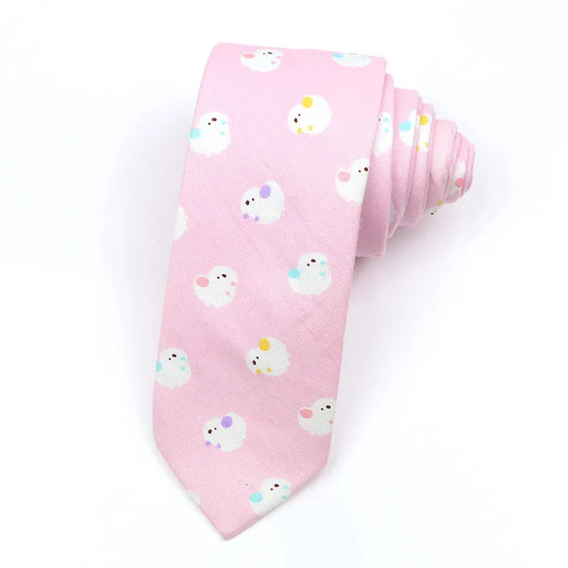 Narrow Korean style cotton bow tie with a printed cartoon pattern in various colours.