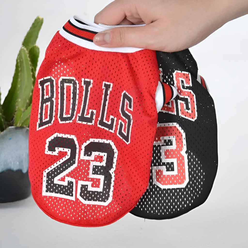 Black and red dog sweatshirt vest in polyester material shown in five sizes