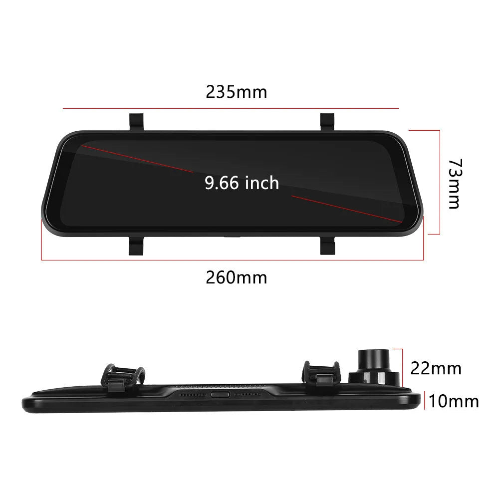 9.66-inch HD rearview mirror dash cam with CarPlay and Android Auto on car windshield