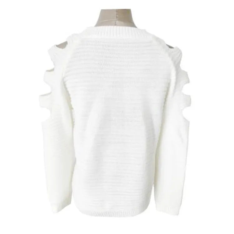 Women's white hollow-out knitted bottoming shirt with round neck and long sleeves