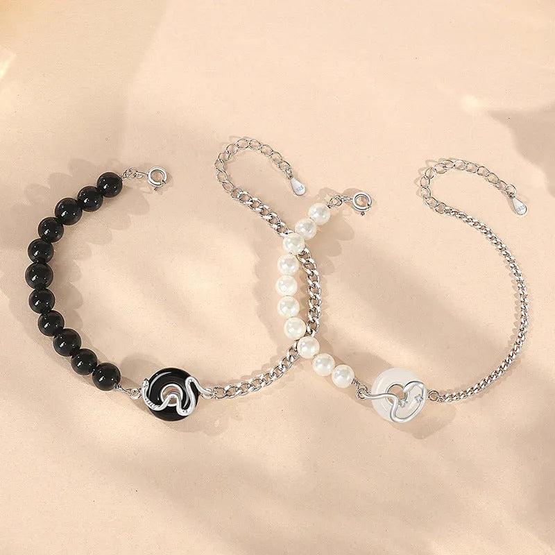 Sterling silver 925 Chinese Obsidian Pearl Bracelet with snake zodiac design and safe buckle for couples