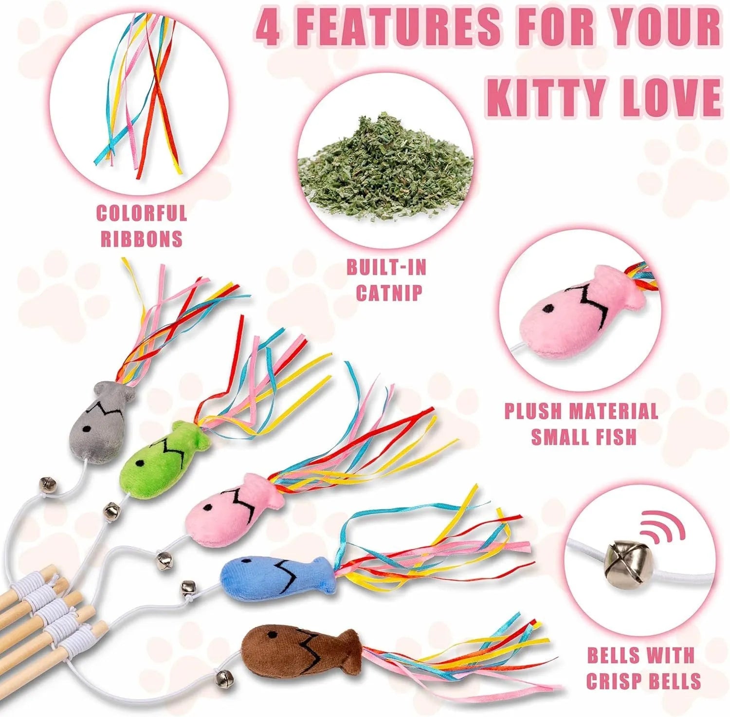 Cat wand toy with wooden handle, catnip fish attachment, colourful ribbons, and bell