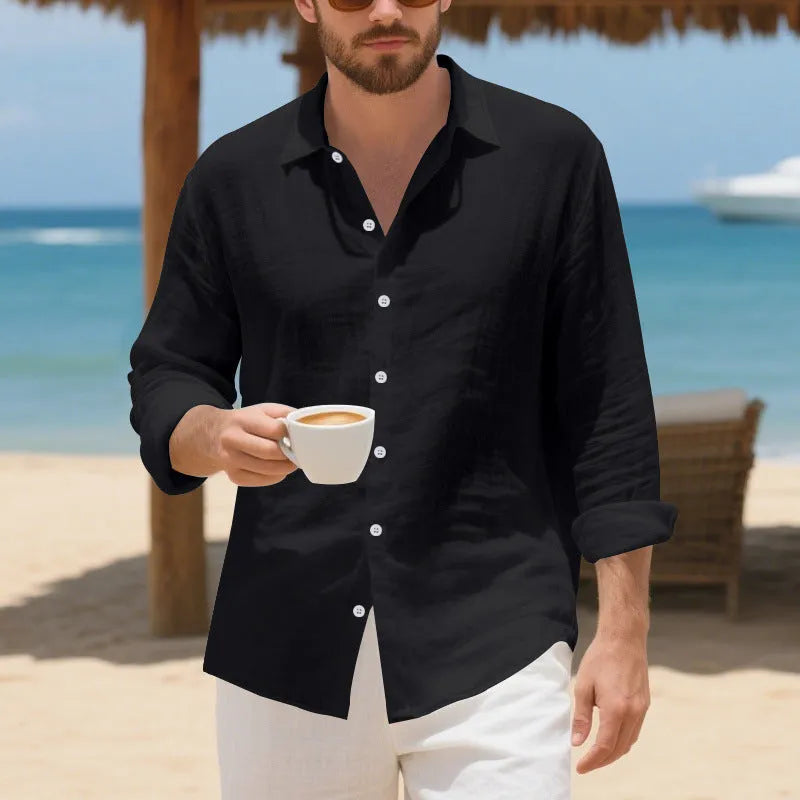 Men's loose fit linen casual shirt in light blue colour, showing non-ironing style.