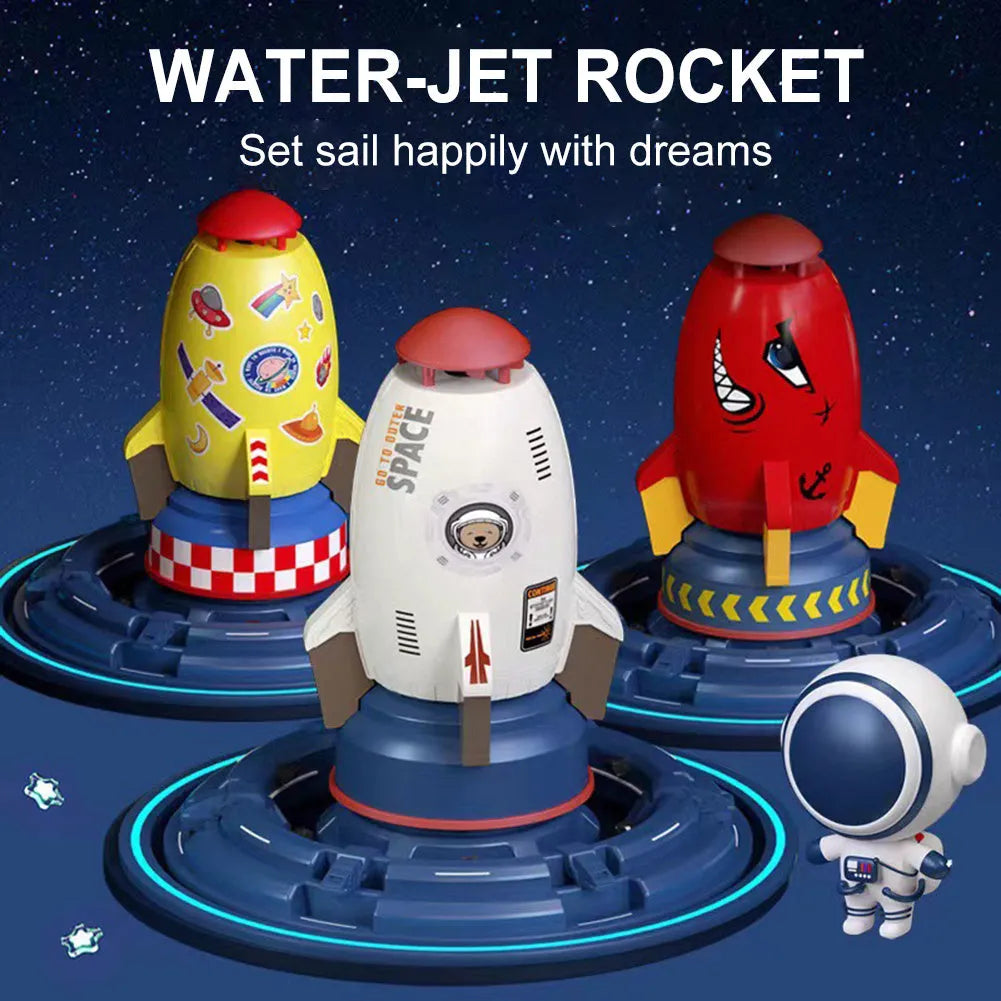 Water pressure powered rocket launcher toy with rotating sprinkler for outdoor garden use