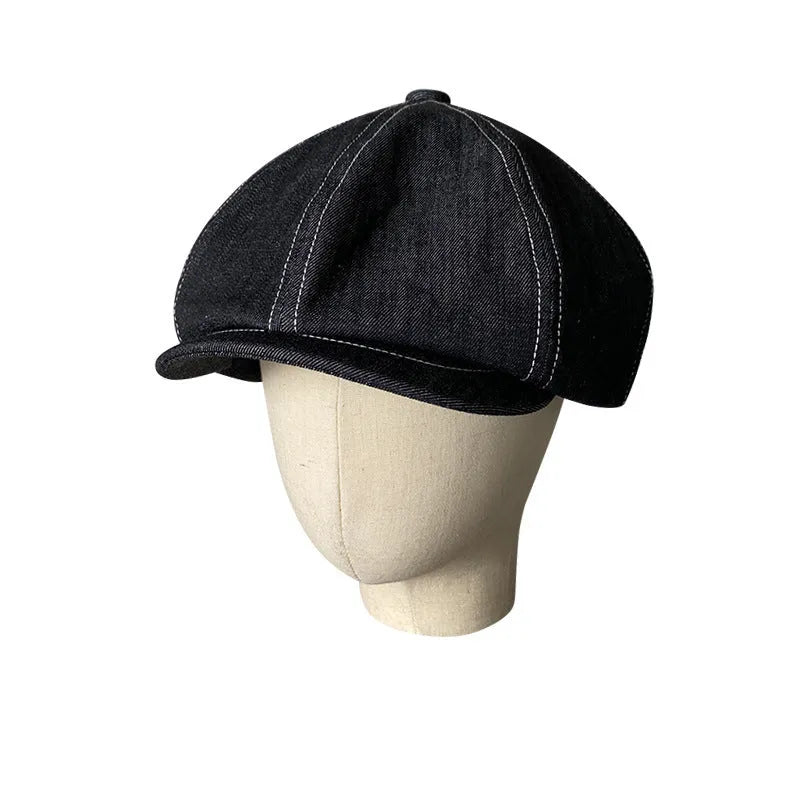 Black Japanese denim fabric beret hat shown on model, retro style unisex headwear
