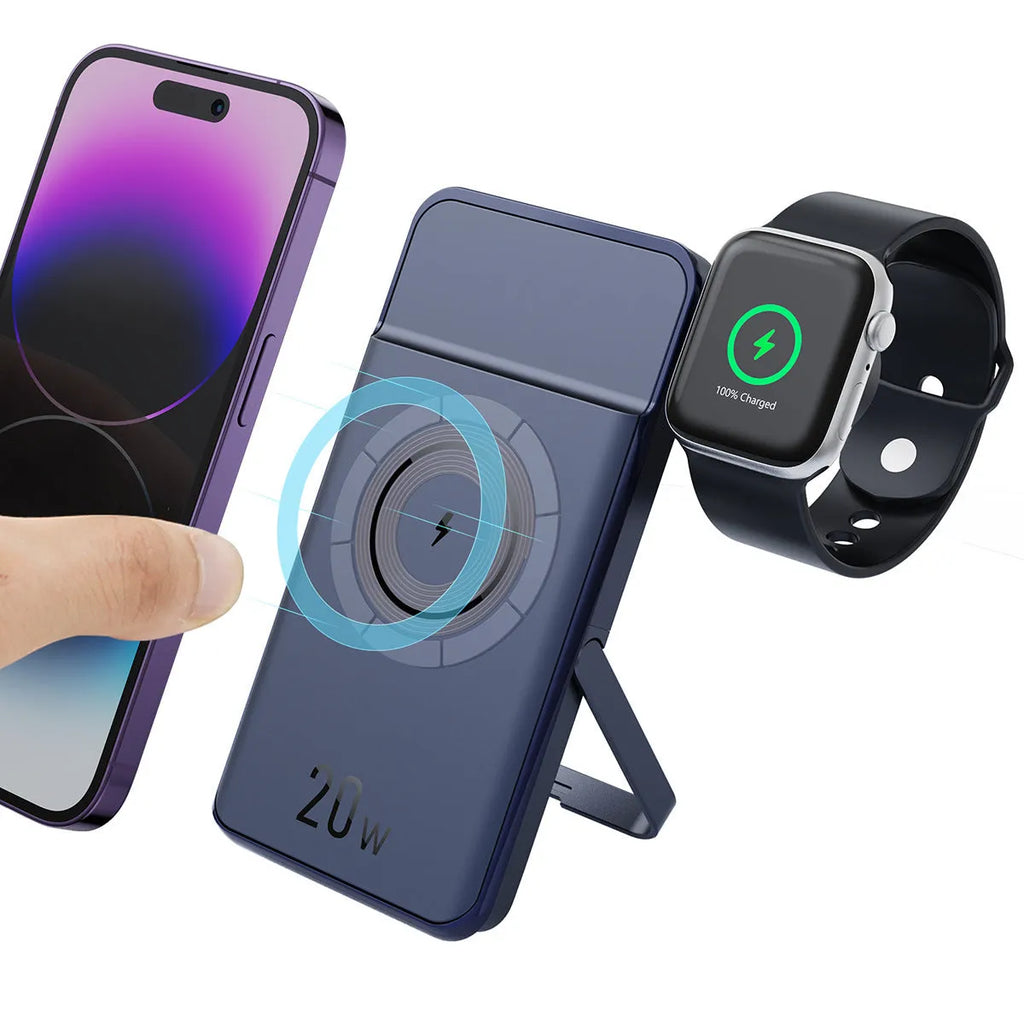 Black magnetic wireless power bank with three-in-one bracket showing 10000mAh capacity label