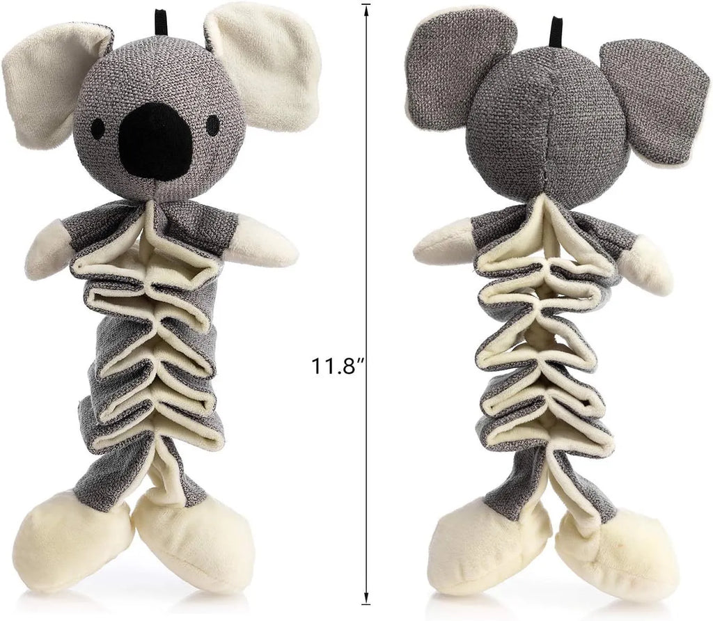 Grey koala squeaky dog toy measuring 30cm length with crinkle paper inside and durable cloth construction