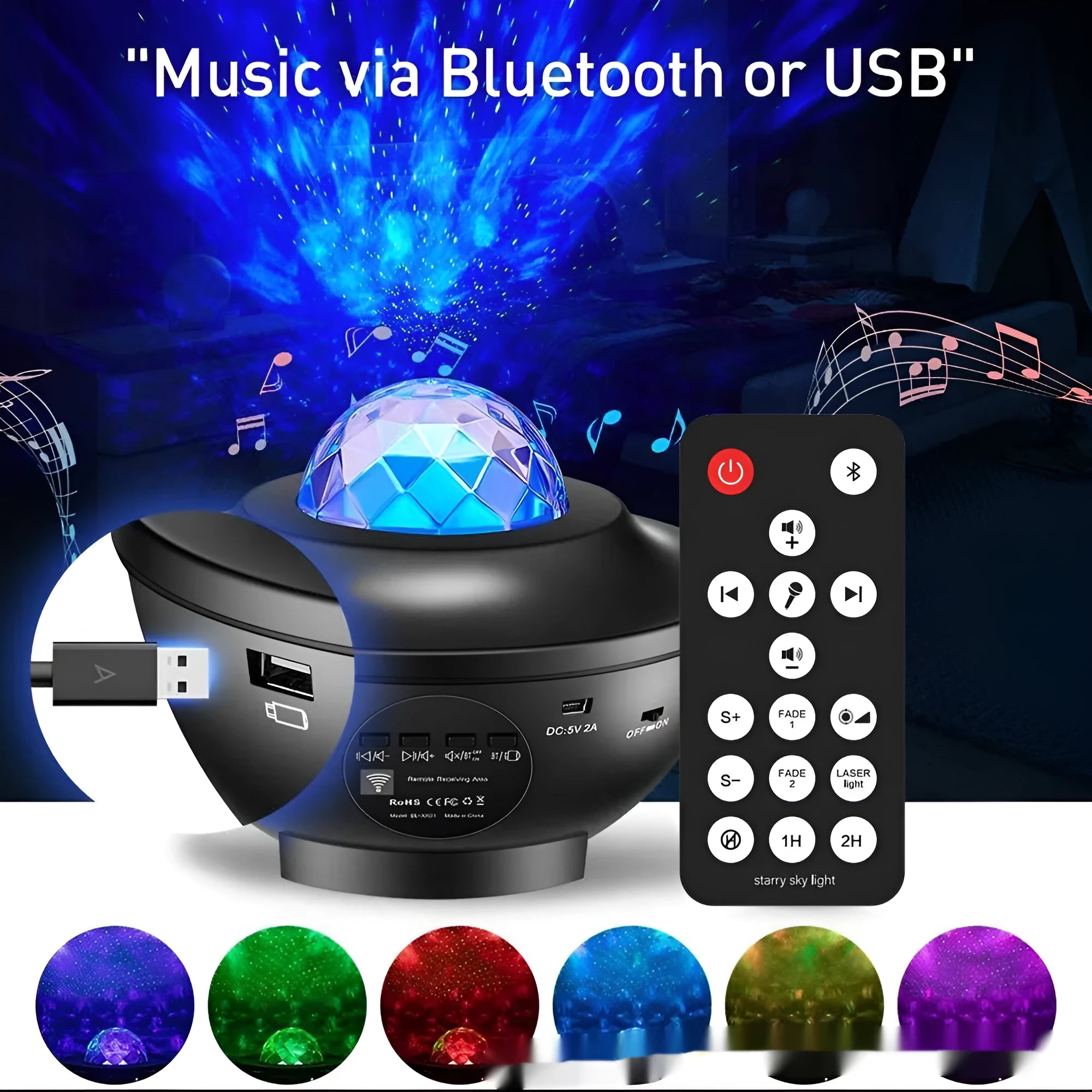 Black parallel style starry sky projection lamp with USB cable and remote control