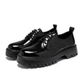 Plus size men's black shiny PU leather round toe low top business shoes with sewing thread detail