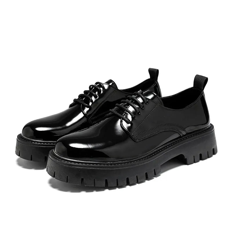 Plus size men's black shiny PU leather round toe low top business shoes with sewing thread detail