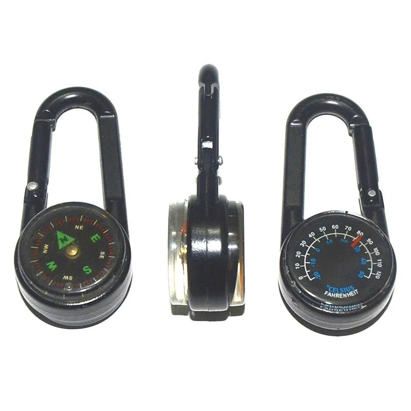 Army green zinc alloy outdoor carabiner with built-in fluid compass and liquid thermometer showing temperature scale