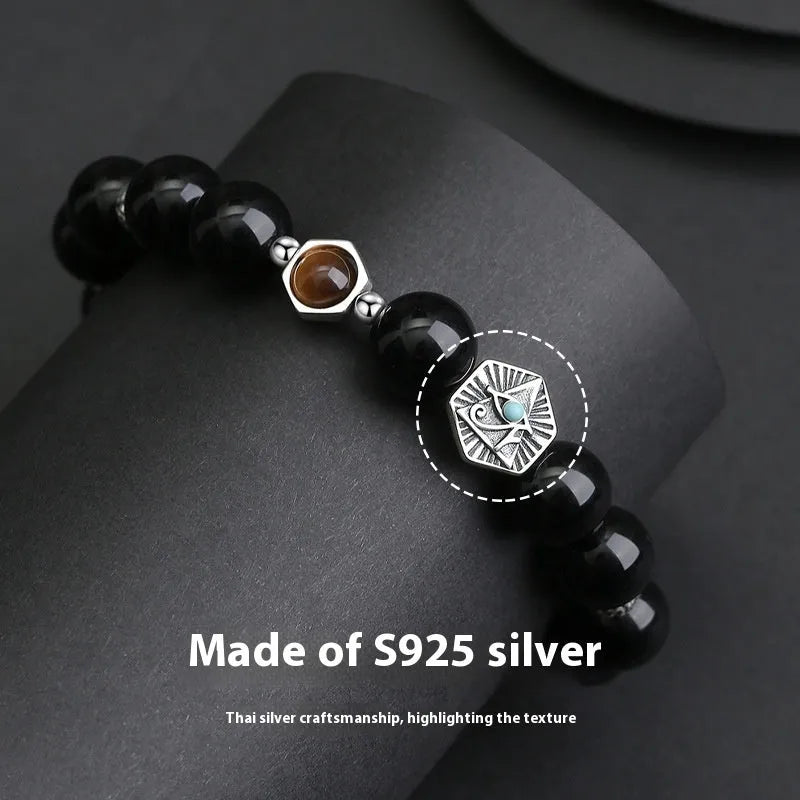 Men's retro sterling silver bracelet with God's Eye obsidian stone in geometric 8mm setting