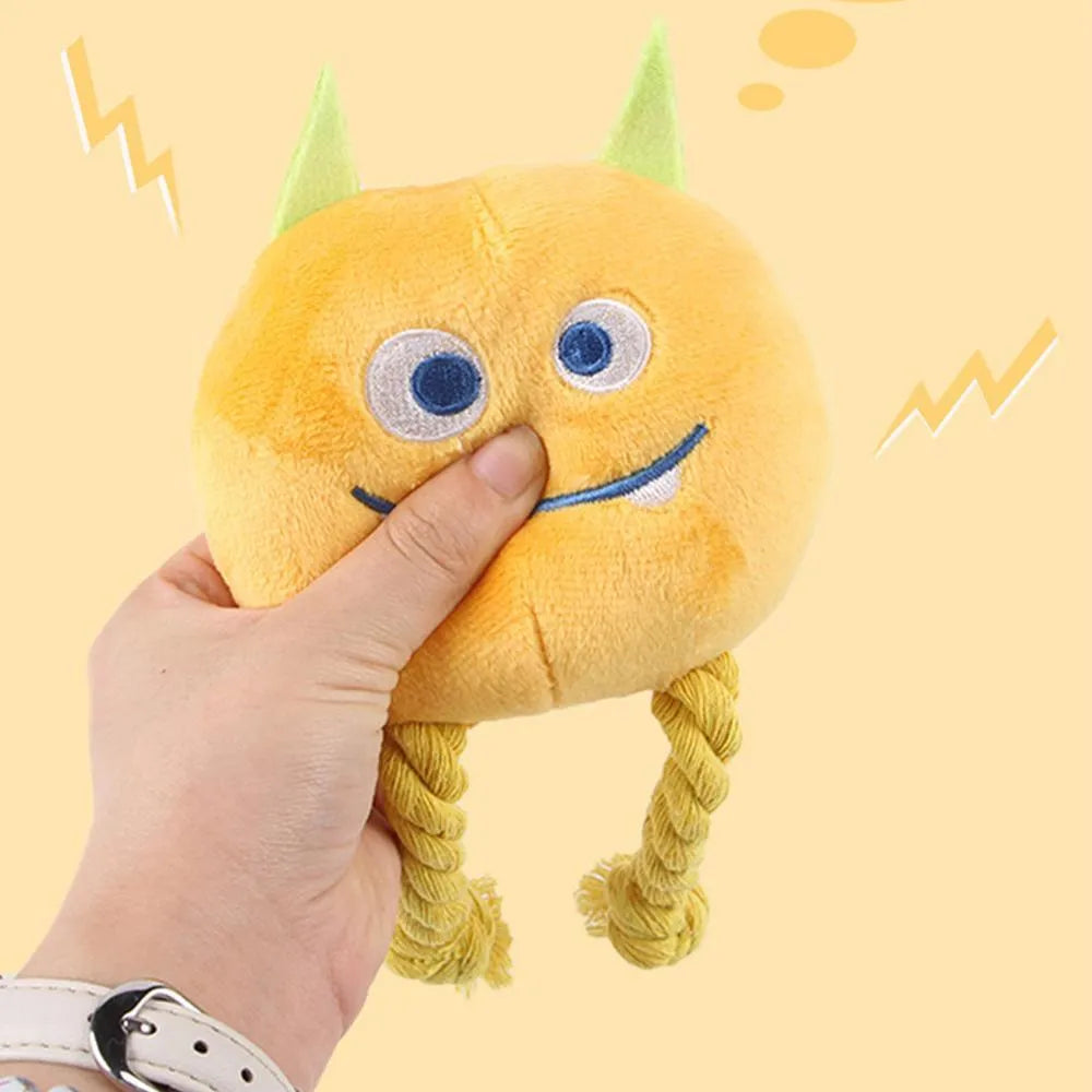 Blue and yellow cartoon dog squeaky toys with strong knot design and cotton rope texture