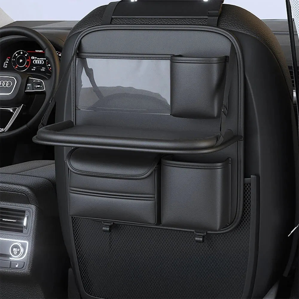 Leather car seat storage bag with carrying handle shown in black, hanging over a car seat.