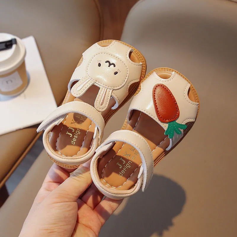 Girls sandals with carrot rabbit animal pattern, Velcro fastening, artificial leather upper in milky white