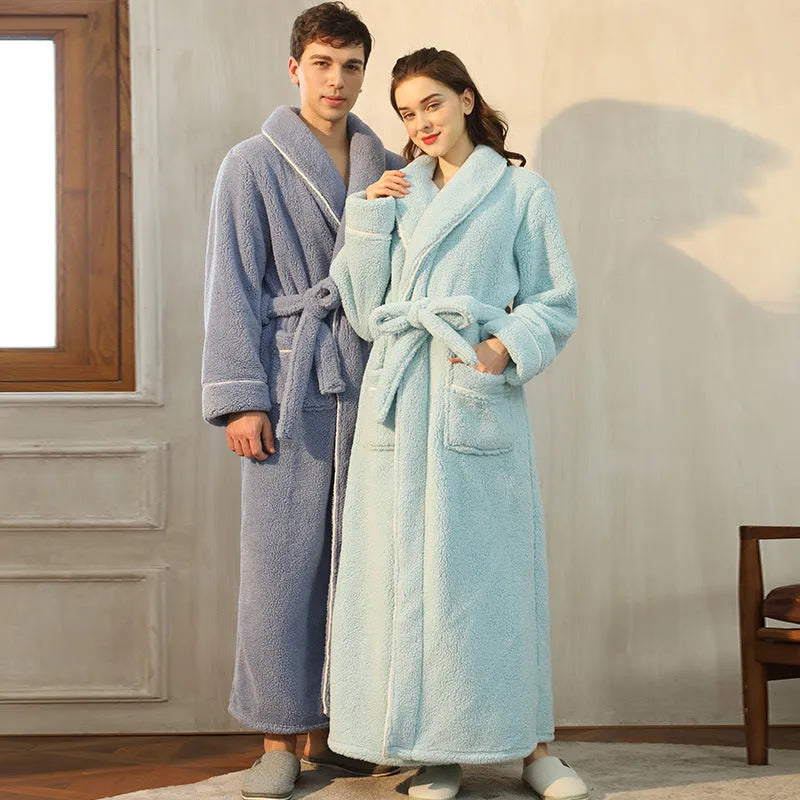 Super thick flannel couple's bathrobe in navy blue, shown on a hanger.