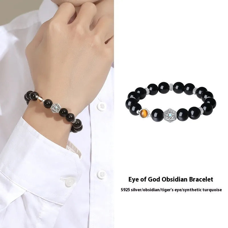 Men's retro sterling silver bracelet with God's Eye obsidian stone in geometric 8mm setting