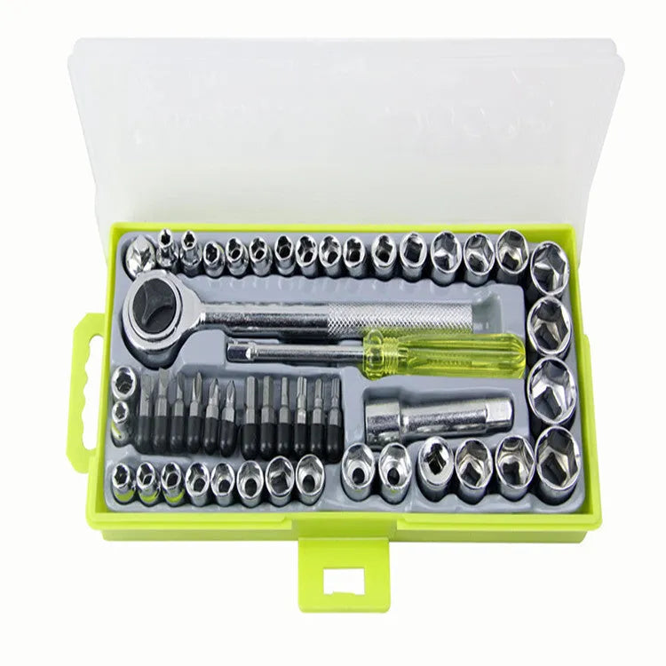 50-piece socket set with metric and imperial sockets, plain carbon steel, mirror finish, includes handle and bits