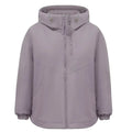 Women's grey loose-fit hooded polyester shell jacket with long sleeves.