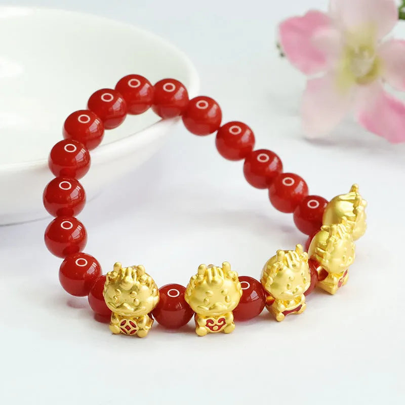 Red agate bracelet with Five Blessing Dragon design, Chinese style spiritual accessory