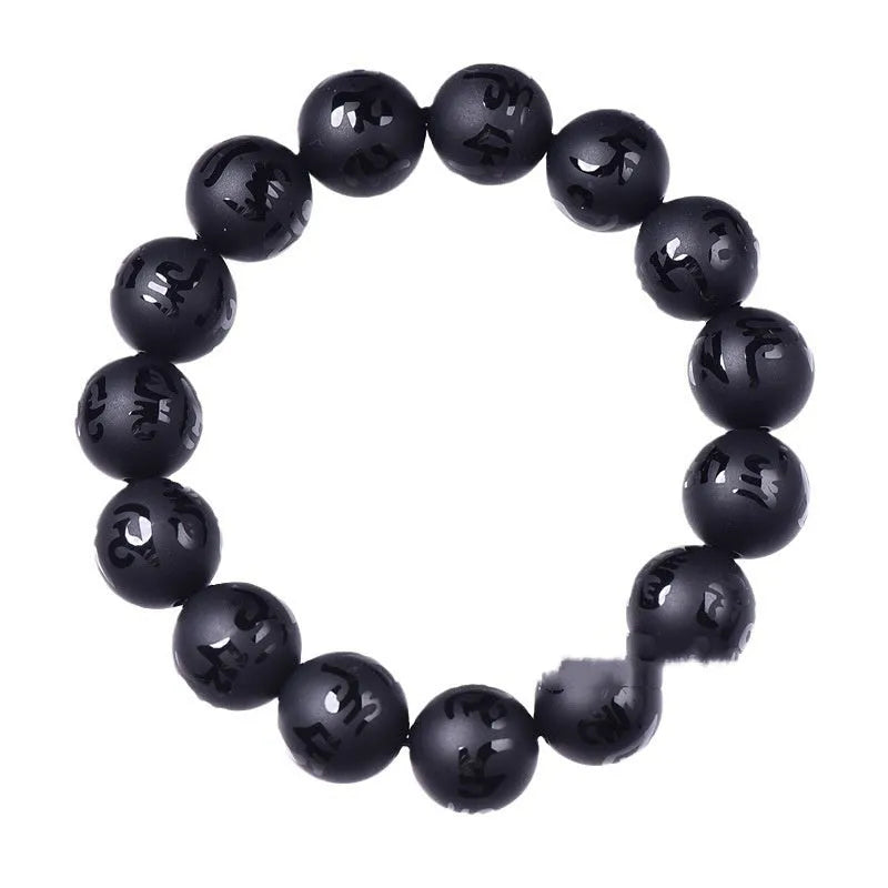 Natural black agate Sanskrit mantra bracelet with frosted finish and auspicious Chinese patterns