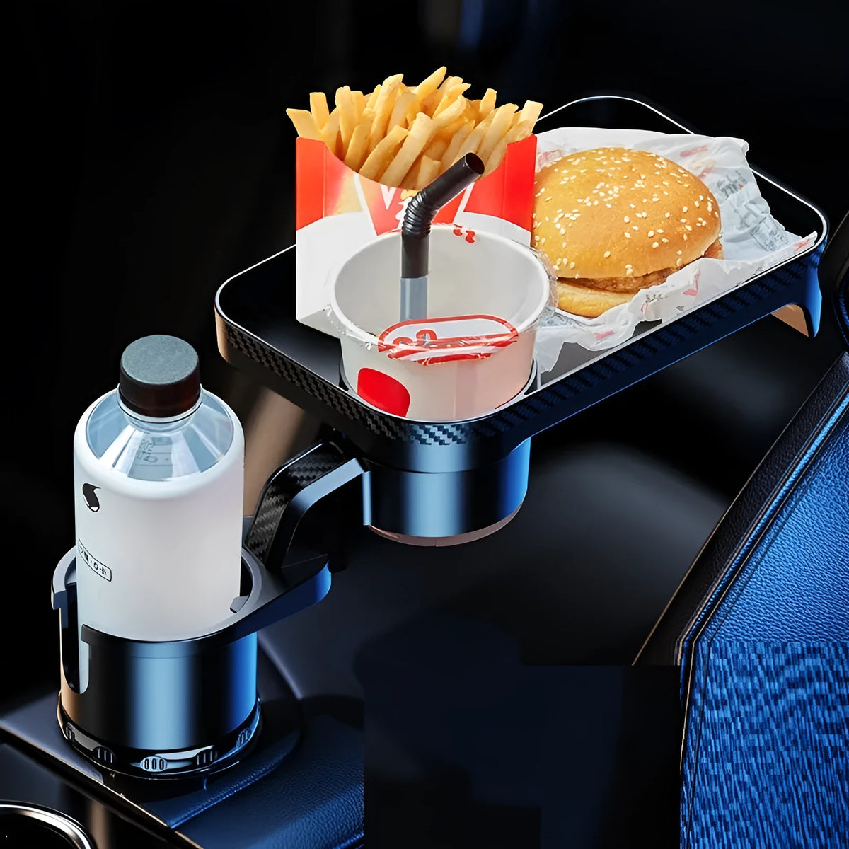 Black car cup holder with 360-degree rotating dinner tray placed in vehicle cup holder