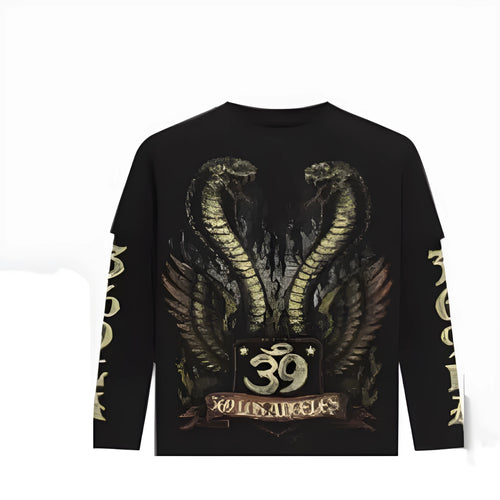 Angel Snake Double-Layer Long-Sleeve T-Shirt in black showing the two-layer sleeve design