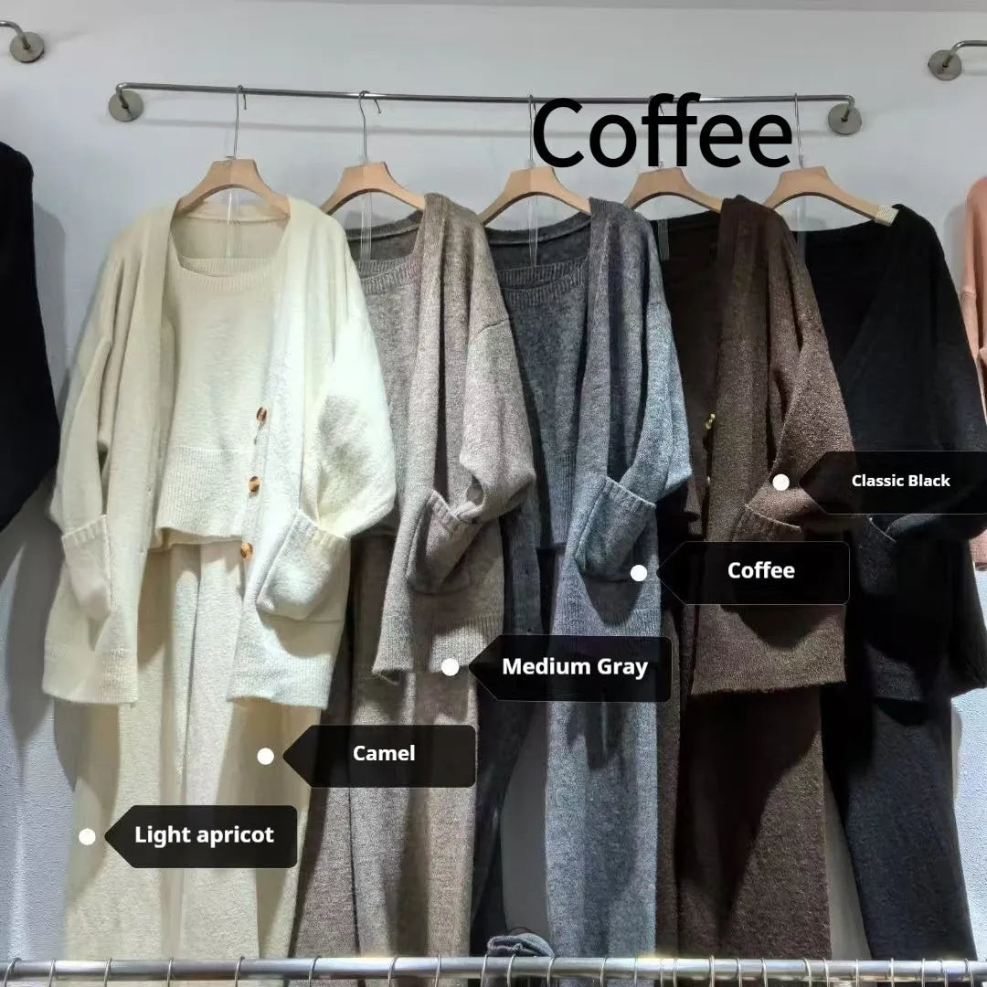 Women's knit cardigan suspender trousers three-piece set in wool blend fabric with loose Japanese Korean style