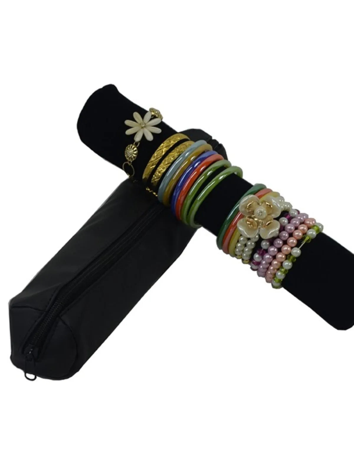 Portable bracelet watch storage bag in black leather with black bracelet stick on a flat surface