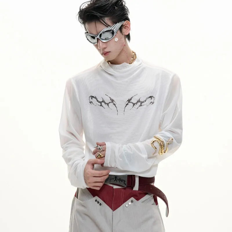 Slim-fit long-sleeved mesh shirt in black, shown as a base layer for athletic wear.